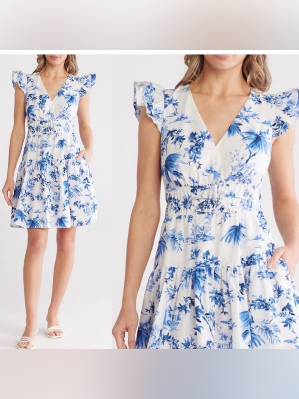 Vince Camuto  size 14 blue white Floral Cap Sleeve Cotton Fit &
Flare Dress